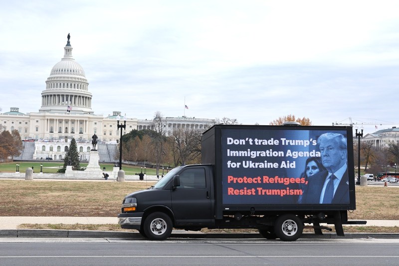 Advocates protest Republican efforts to stop U.S. air for Ukraine in Washington.