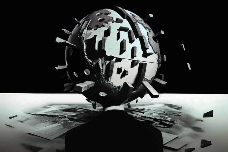 A globe with blocks and chunks missing from it sits atop the shoulders of a person looking into a dystopian horizon.