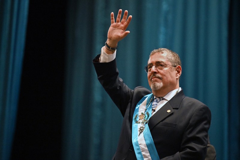 New Guatemalan President Bernardo Arévalo waves after his inauguration ceremony at the Miguel Ángel Asturias Cultural Center in Guatemala City on Jan. 15.