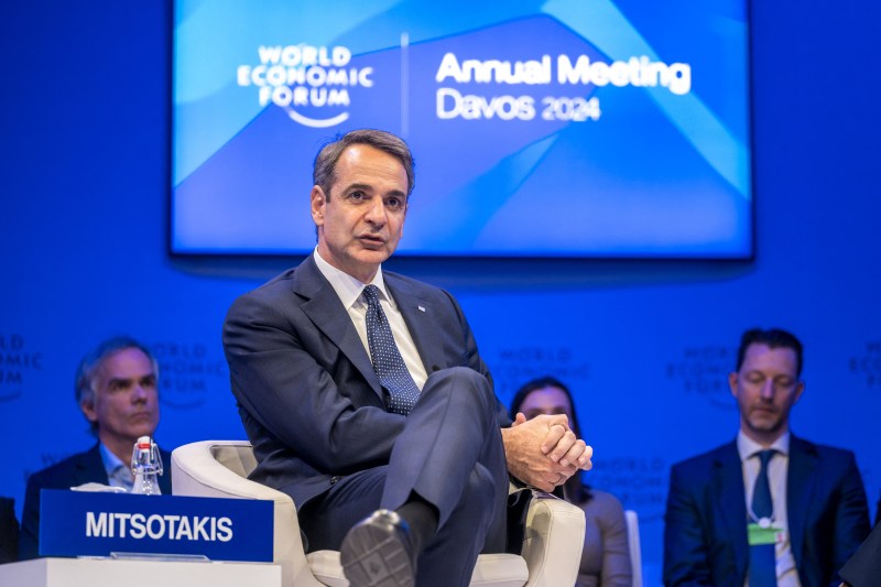 Greek Prime Minister Kyriakos Mitsotakis speaks during a session of the World Economic Forum in Davos, Switzerland, on Jan. 18.