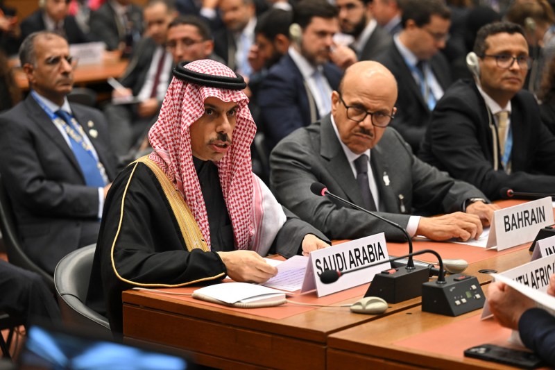 Saudi Foreign Minister Prince Faisal bin Farhan Al Saud delivers a speech during a meeting on the situation in the Gaza Strip on the sidelines of a ceremony marking the 75th anniversary of the Universal Declaration of Human Rights at the United Nations offices in Geneva, on Dec. 12, 2023.