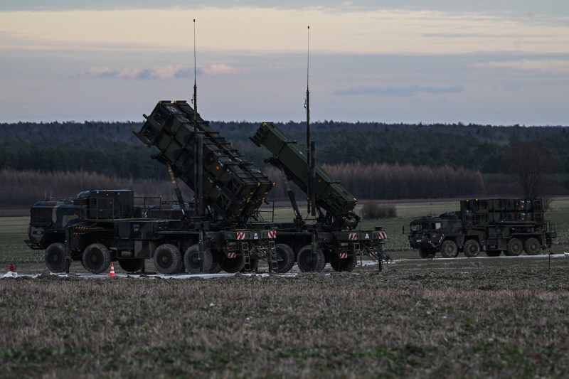 Patriot surface-to-air missile batteries are pictured on an open field in Zamosc, Poland.