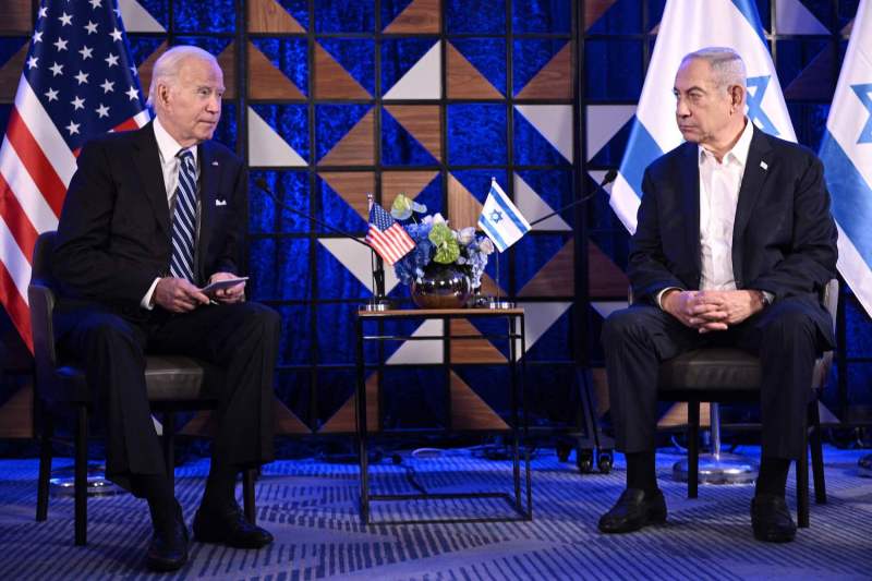 U.S. President Joe Biden (L) meets with Israel's Prime Minister Benjamin Netanyahu in Tel Aviv on Oct. 18, 2023.