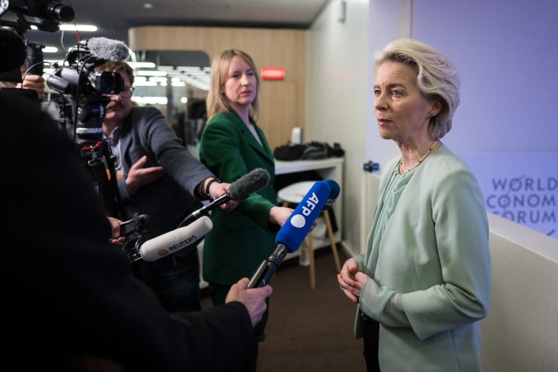 European Commission President Ursula von der Leyen speaks to journalists at the World Economic Forum annual meeting in Davos, Switzerland.