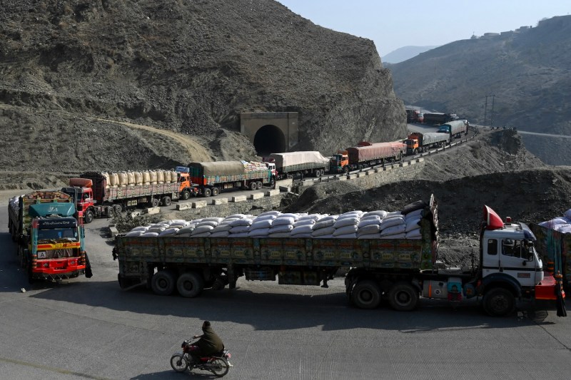 Stranded trucks are seen near the Pakistan-Afghanistan border in Torkham, Pakistan, on Jan. 16.