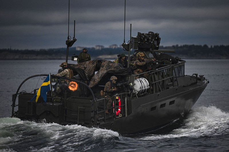 U.S. and Swedish Marines ride on a CB90 fast assault craft as they participate in a military exercise in the Stockholm Archipelago.