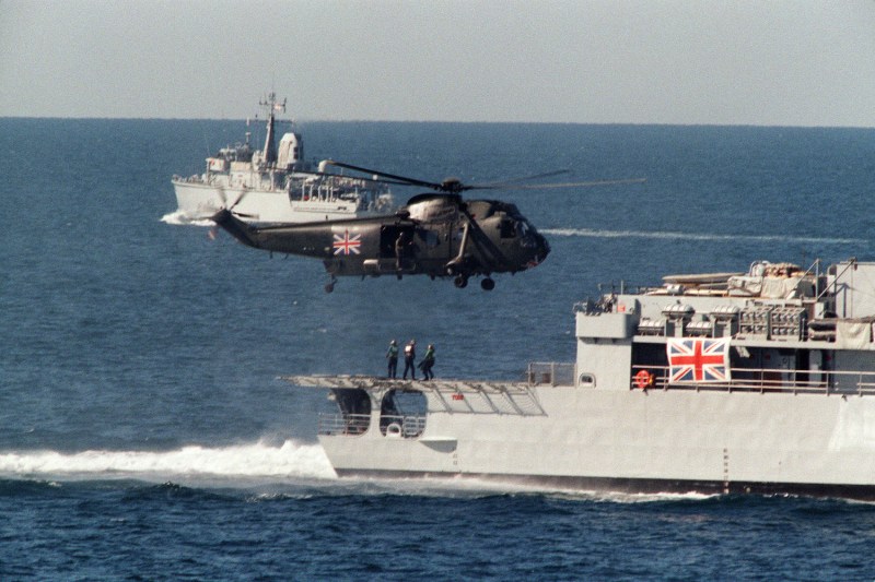 A British Navy Sea King helicopter lifts off from the back of a British warship on Dec. 6, 1987, as a British military convoy of 4 warships moves south toward the Strait of Hormuz during the Iran-Iraq "Tanker War."