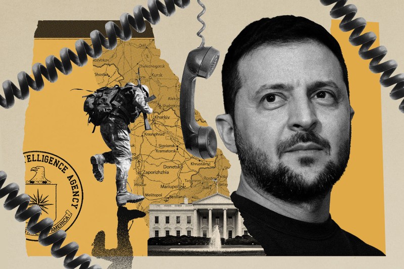 A photo collage illustration showing Ukrainian President Volodymyr Zelensky, the white house, a soldier and phone imagery representative of communication