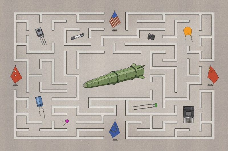 A drawn illustration of a weapon in the middle of a maze with pieces from the supply chain scattered throughout