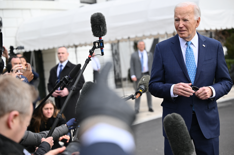 U.S. President Joe Biden speaks to reporters before boarding Marine One on the South Lawn of the White House in Washington, D.C.