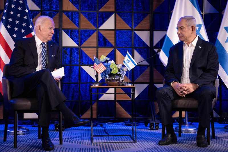 U.S. President Joe Biden (left) meets with Israeli Prime Minister Benjamin Netanyahu in Tel Aviv.