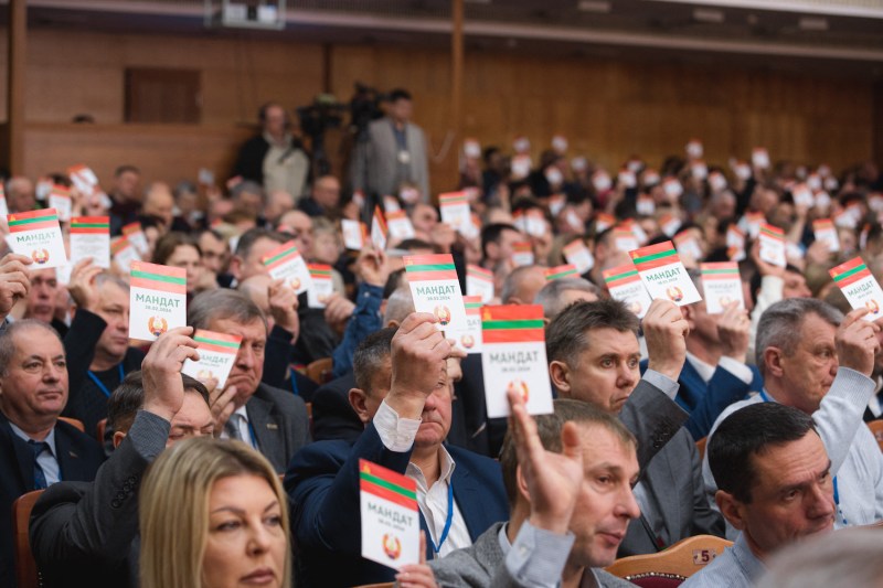 Lawmakers take part in a Congress of Deputies meeting of Moldova’s breakaway region of Transnistria in Tiraspol on Feb. 28. (AFP via Getty Images)
