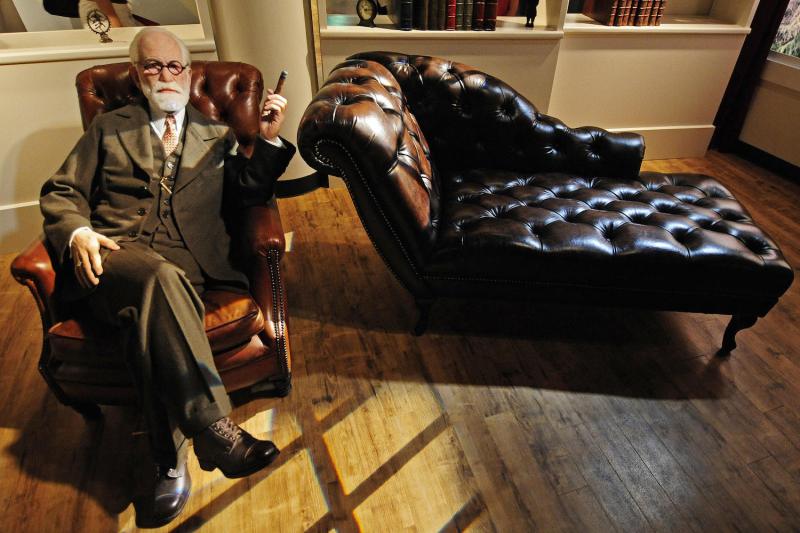A wax likeness of Austrian founder of the psychoanalysis Sigmund Freud sits in Berlin's Madame Tussaud's wax museum, during a press preview of the museum on July 3, 2008.