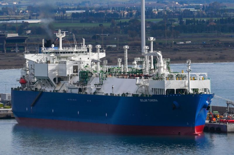 A liquefied natural gas tanker docks in Italy's Port of Piombino.