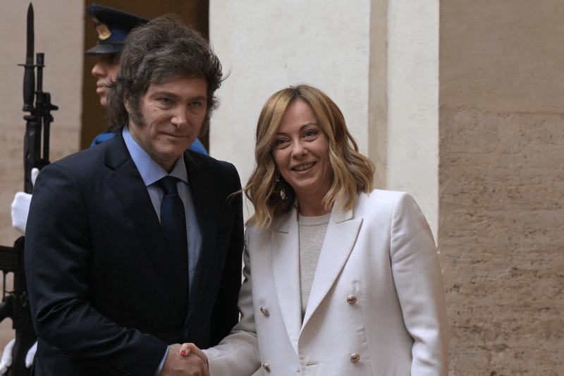 Italian Prime Minister Giorgia Meloni welcomes Argentine President Javier Milei at the Palazzo Chigi prior to their meeting in Rome.