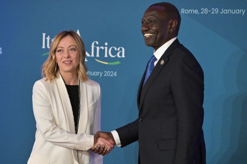 Italy's Prime Minister, Giorgia Meloni welcomes William Ruto, president of Kenya, at the Italy-Africa international conference on Jan. 28 in Rome.