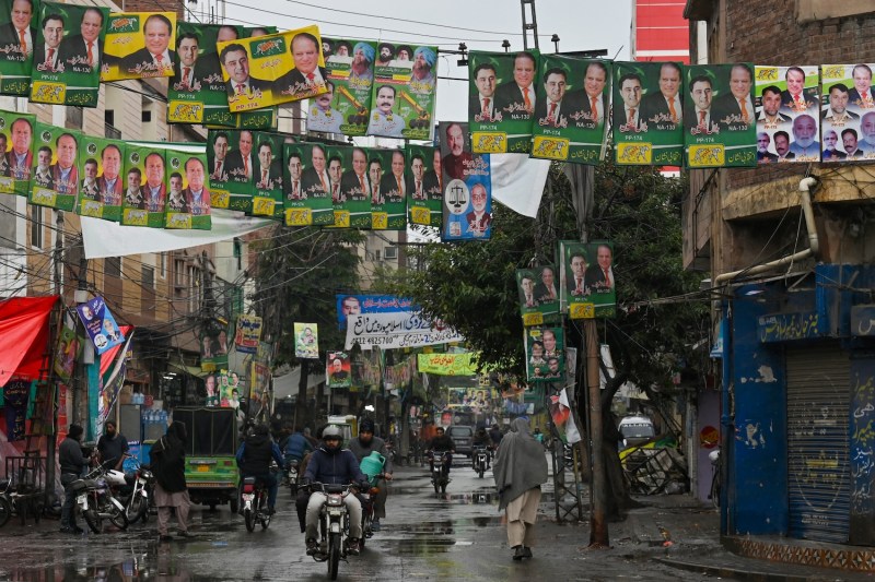 Banners for former Pakistani Prime Minister Nawaz Sharif hang above a street in Lahore, Pakistan, on Feb. 4.