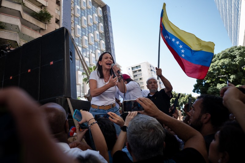 Venezuelan opposition leader María Corina Machado speaks to supporters during a demonstration in Caracas.