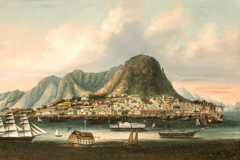 A historic painting depicts Hong Kong harbor