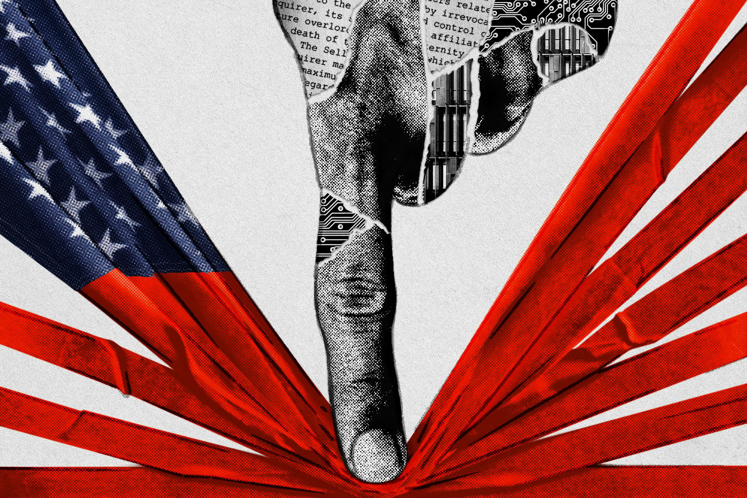 A photo collage illustration of a finger made of bits of contracts and pieces of tech to represent a large corporation, pushing down on the American flag.