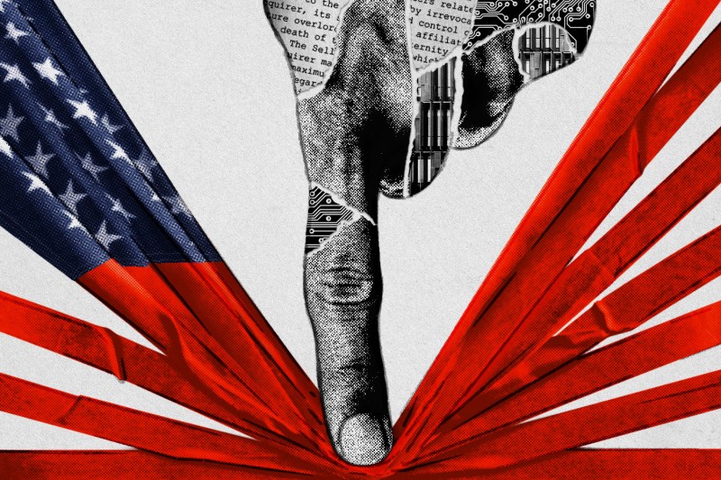 A photo collage illustration of a finger made of bits of contracts and pieces of tech to represent a large corporation, pushing down on the American flag.