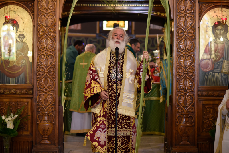 Theodoros II, the Eastern Orthodox patriarch of Alexandria and Africa, lifts a palm branch as he speaks into a microphone while delivering a sermon in Cairo. He is dressed in elaborate red-and-gold robes and a stole, and a crowd of people and other priests are visible through an ornate wood-carved doorway behind him.