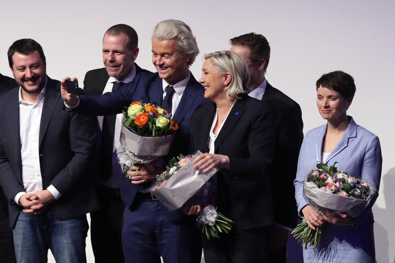 Matteo Salvini, leader of the Italian Lega Nord, Harald Vilimsky, General Secretary of the Austria Freedom Party, Geert Wilders, leader of the Dutch PVV party, Marine Le Pen, leader of the French Front National, and Frauke Petry, leader of the Alternative for Germany (AfD) party, greet supporters at a conference of European right-wing parties on January 21, 2017 in Koblenz, Germany.