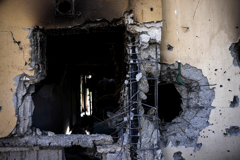 A view of a damaged house in Kibbutz Be’eri near the border with Gaza.