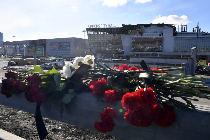 Flowers are seen left outside the Crocus City Hall in Krasnogorsk, near Moscow.
