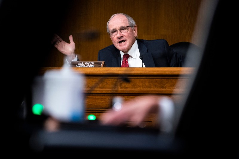 Sen. Jim Risch addresses U.S. Secretary of State Antony Blinken during a Senate Foreign Relations Committee hearing at the U.S. Capitol in Washington.