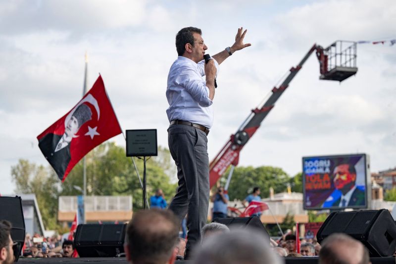 Istanbul Mayor Ekrem Imamoglu of the main opposition Republican People's Party (CHP) addresses supporters during a rally on May 27, 2023.