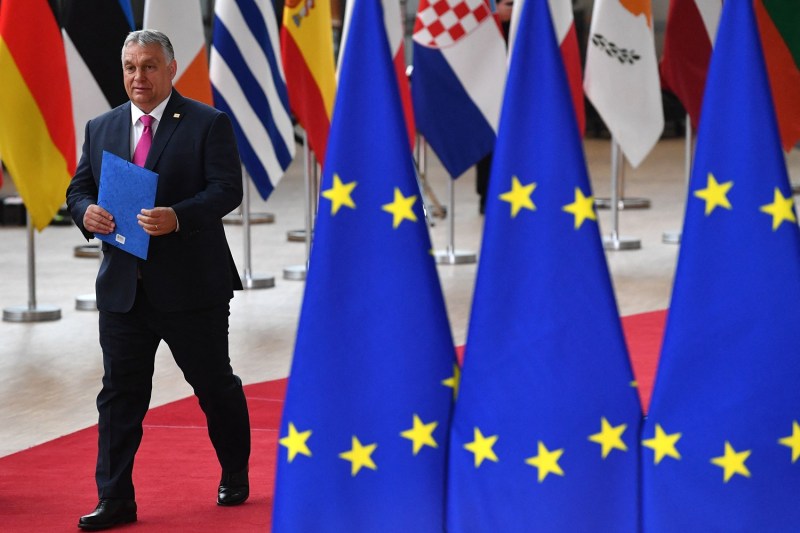 Viktor Orban in a suit walks on a red carpet by three European Union flags with a melange of flags behind him.