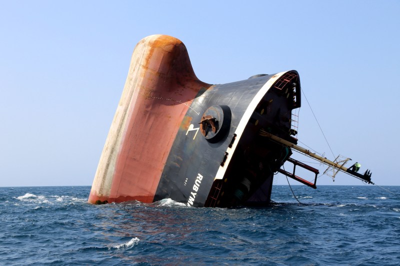 This picture taken on March 7, shows the Rubymar cargo ship sinking off the coast of Yemen after a Houthi missile attack
