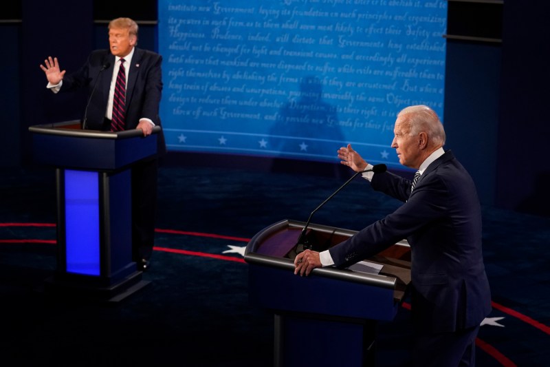 Donald Trump and Joe Biden speak during the first presidential debate at the Health Education Campus of Case Western Reserve University on Sept. 29, 2020 in Cleveland, Ohio.
