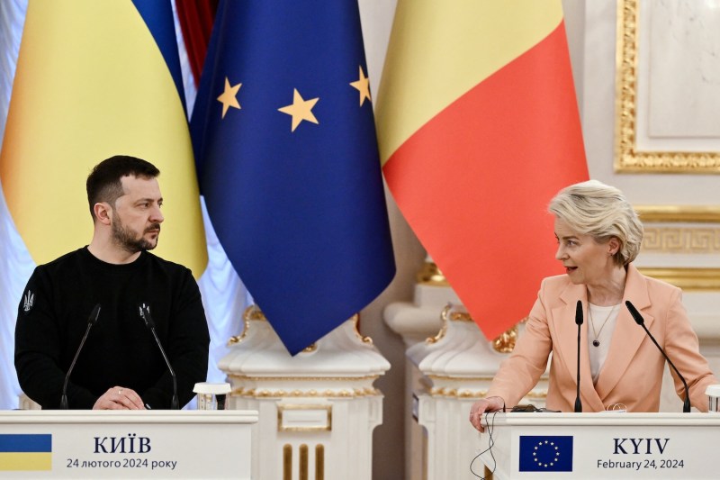 European Commission President Ursula von der Leyen addresses the media next to Ukrainian President Volodymyr Zelensky during a joint press conference with the leaders of Canada, Italy, and Belgium after their meeting in Kyiv on Feb. 24.