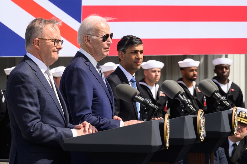 Australian Prime Minister Anthony Albanese, U.S. President Joe Biden, and British Prime Minister Rishi Sunak hold a press conference after a trilateral meeting during an AUKUS summit in San Diego.