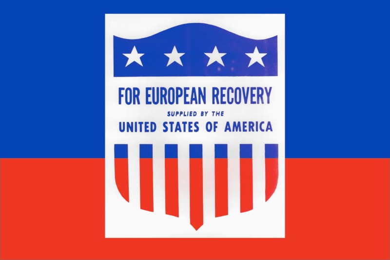 A shield design with stars and stripes displays the words "For European Recovery, supplied by the United States of America."