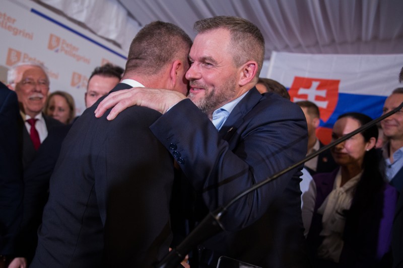 Peter Pellegrini receives congratulations from Krisztian Forro, a supporter, on April 7, 2024 in Bratislava, Slovakia.