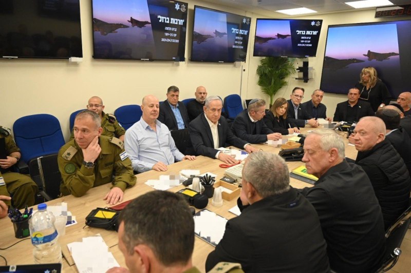 Israel’s war cabinet, chaired by Prime Minister Benjamin Netanyahu (third from left), holds a meeting to discuss the drone attack launched by Iran in Tel Aviv, Israel, on April 14.