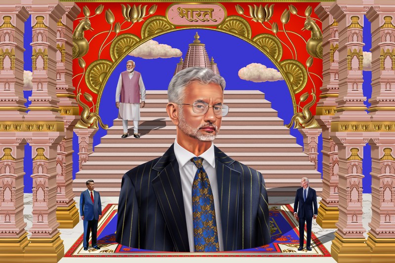 An illustration shows a drawn portrait of S. Jaishankar's head and shoulders atop a patterned carpet. Behind him standing stairs is a full length image of Narendra Modi. At left Is Xi Jinping and at right is Joe Biden. A temple and cloudy sky is behind Jaishankar's head. The scene is framed by Indian symbols. The term "Bharat" is written in Hindi above his head.