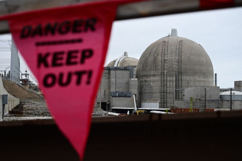 The containment domes of Units 2 and 3 stand during the decommissioning and dismantling of the San Onofre Nuclear Generating Station in San Diego County, California.