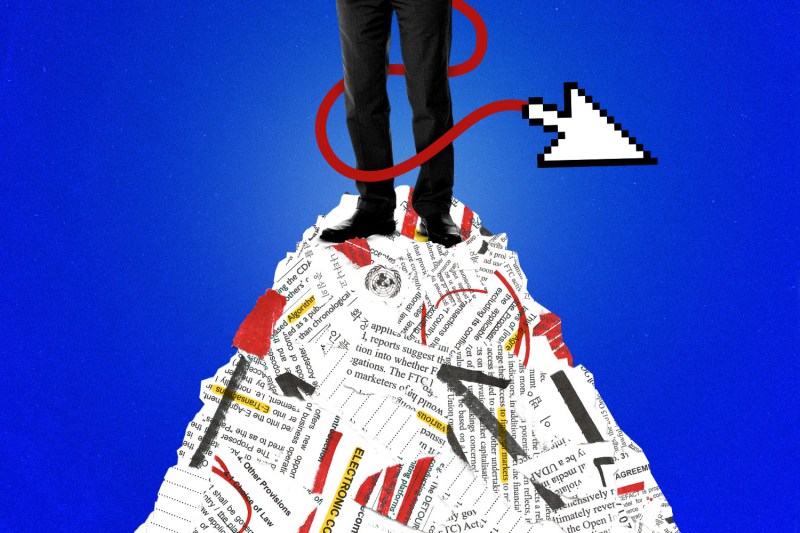 A photo collage illustration shows a cursor weaving around the legs of a suited person standing atop a pile of torn papers for a story about Big Tech avoiding regulations.