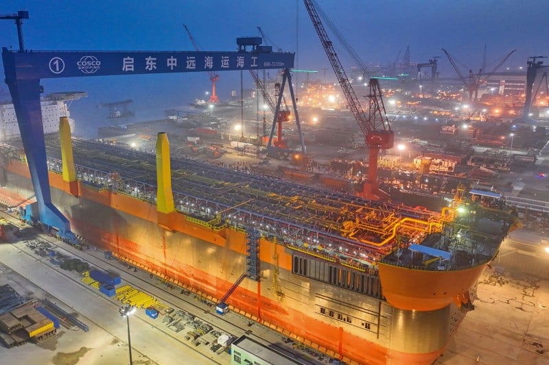 A new floating production, storage, and offloading vessel is under construction at a shipyard in Nantong, China, on April 17, 2023.