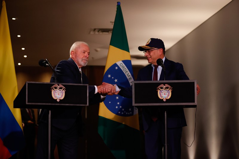Colombian President Gustavo Petro and Brazilian President Luiz Inácio Lula da Silva at the Colombia-Brazil Business Forum in Bogotá on April 16.
