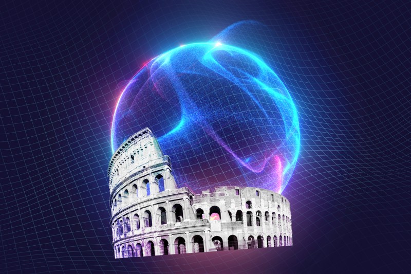 An illustration shows the Colosseum of the Roman Empire juxtaposed with a digital sphere and iconography for a story about digital superpowers.