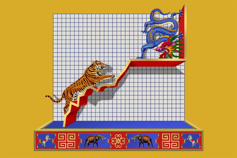 An illustration shows a tiger chasing a dragon up an economic indicator line against a graph paper background. The dragon is turning to snarl at the tiger.