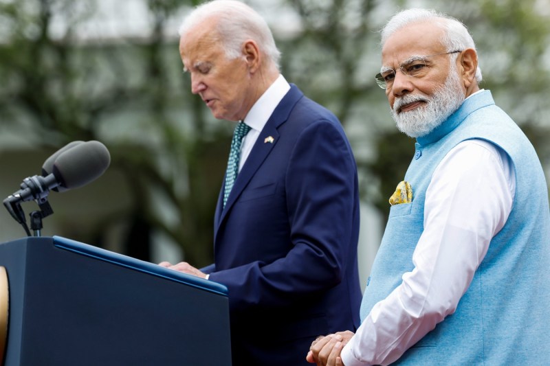 U.S. President Joe Biden and Indian Prime Minister Narendra Modi take part in an arrival ceremony outside the White House on June 22, 2023.