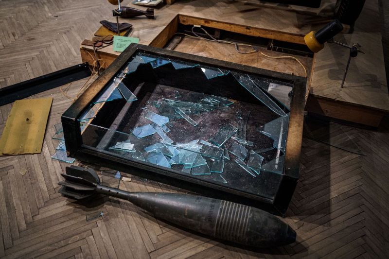 A broken glass box at the looted Kherson Regional Museum after the Russian withdrawal from the city on Dec. 22, 2022.