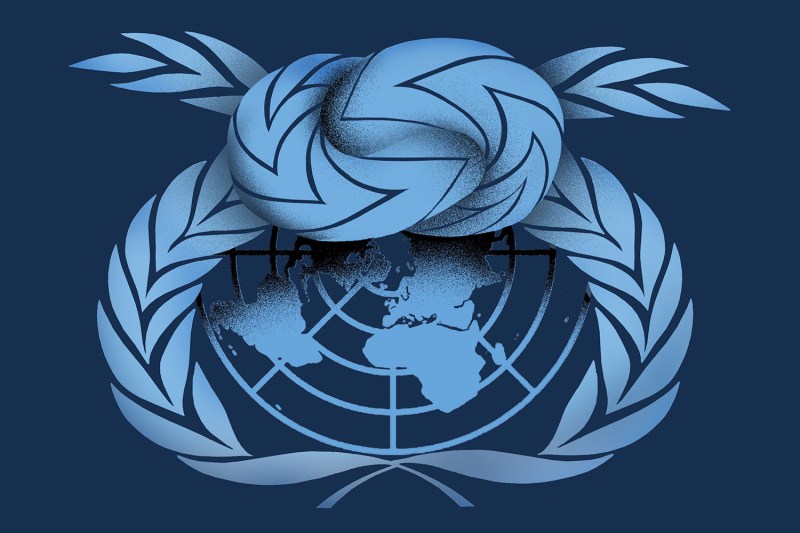 An illustration shows the laurel leaves of the United Nations logo tied in a knot.