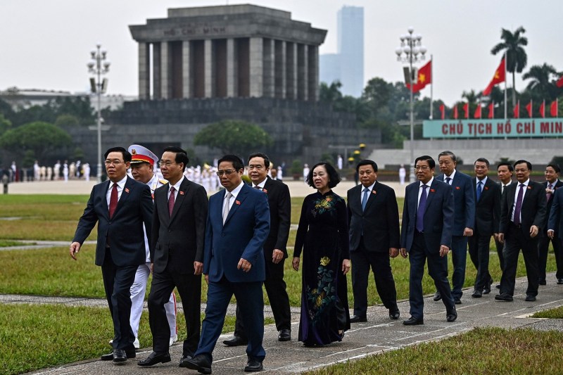 Vietnamese President Vo Van Thuong, Prime Minister Pham Minh Chinh, National Assembly Chairperson Vuong Dinh Hue, and other officials attend a wreath laying ceremony at the mausoleum of former President Ho Chi Minh in Hanoi on Oct. 23, 2023.